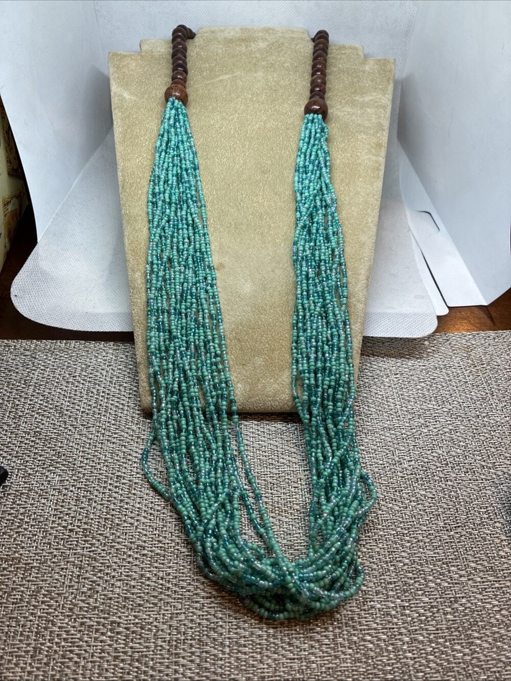 Turquoise Cascading Seed Bead Multi-Strand Long Necklace Wooden Bead Boho Resort